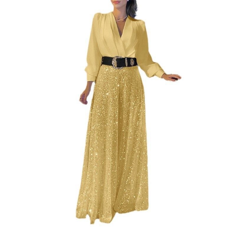 Neues modisches Langarmhemd mit V-Ausschnitt, elegante, taillenformende, schlankmachende Hose mit weitem Bein und Pailletten und Gürtel_voghion.com