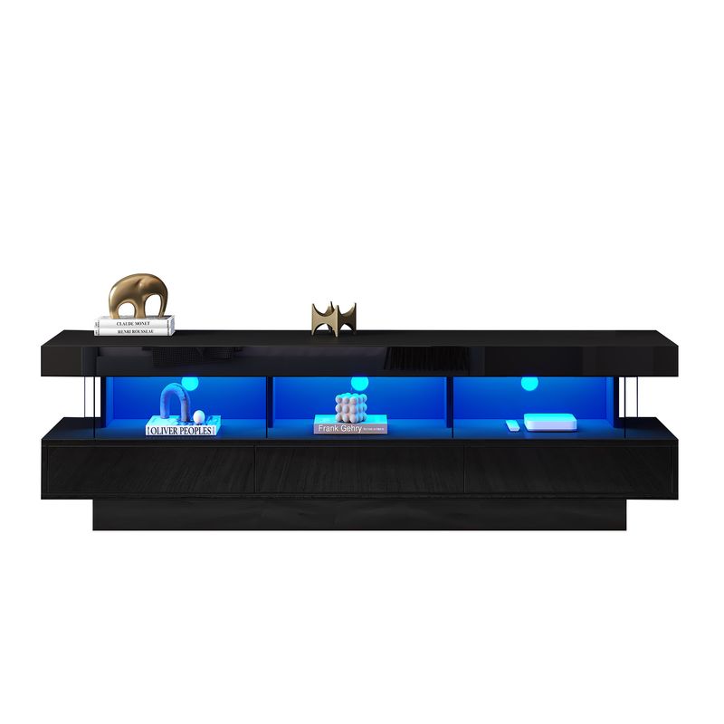 Meuble TV noir brillant 160 x 38 x 50,5 cm avec 3 étagères en verre, éclairage LED, contrôle par application et connectivité Bluetooth pour téléviseur 70 pouces._voghion.com