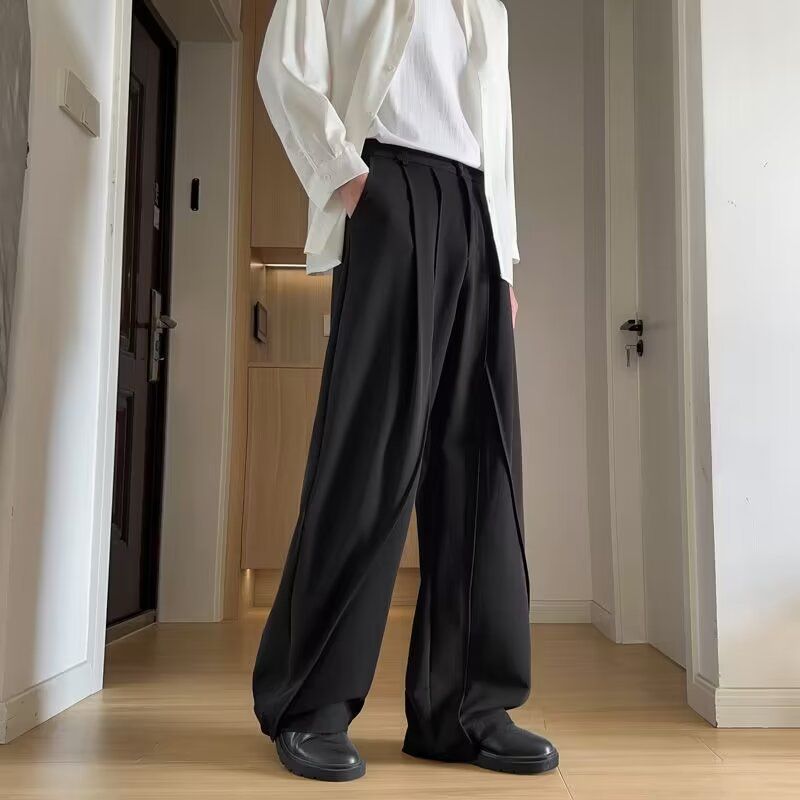 Pantalones de traje de otoño / invierno para hombres, pantalones rectos drapeados relajados de alta calidad para hombres, pantalones cómodos y casuales de pierna ancha._voghion.com