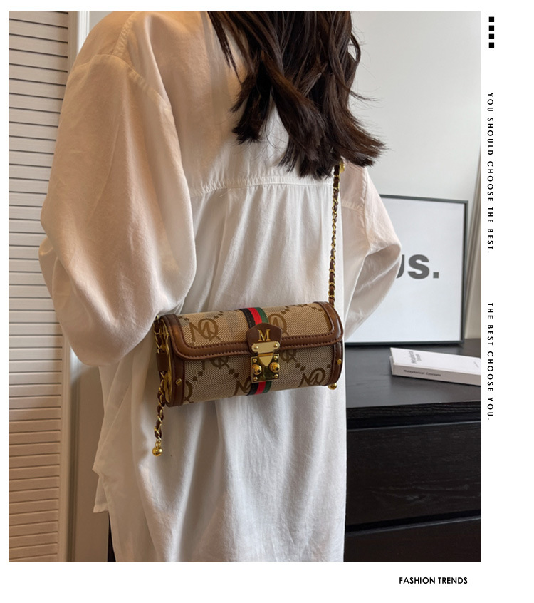 Advanced Women's Small Bag French Chain Shoulder Bag Versatile Spliced Leather Crossbody Cylinder Bag_voghion.com