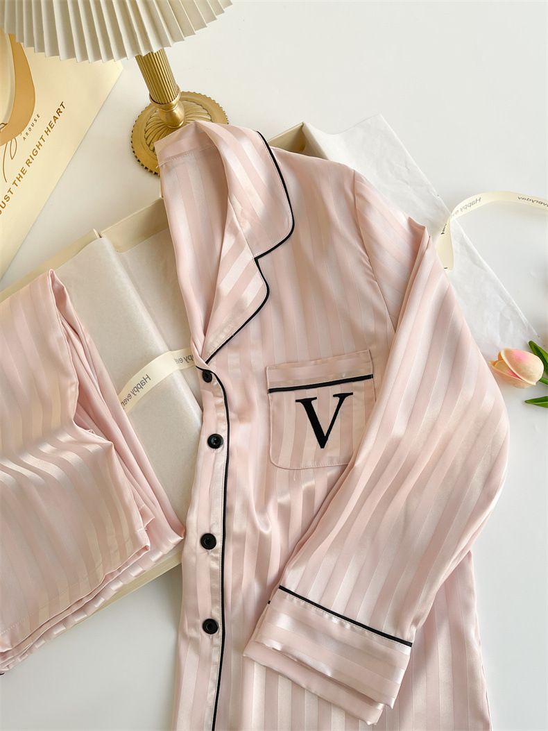 Women's Summer V-Neck Ice Silk Pajama Set – Long Sleeve & Pants, Soft & Breathable Loungewear (M-XL)_voghion.com