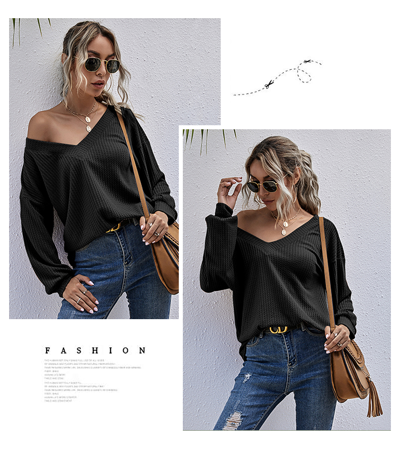 Einfarbiger Pullover mit V-Ausschnitt und Waffelmuster und langen Ärmeln_voghion.com