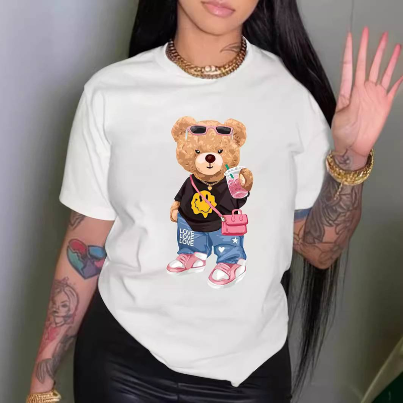 Women's Clothing summer printing fashion cool bear print T shirt short sleeve round neck casual top summer women's clothing_voghion.com