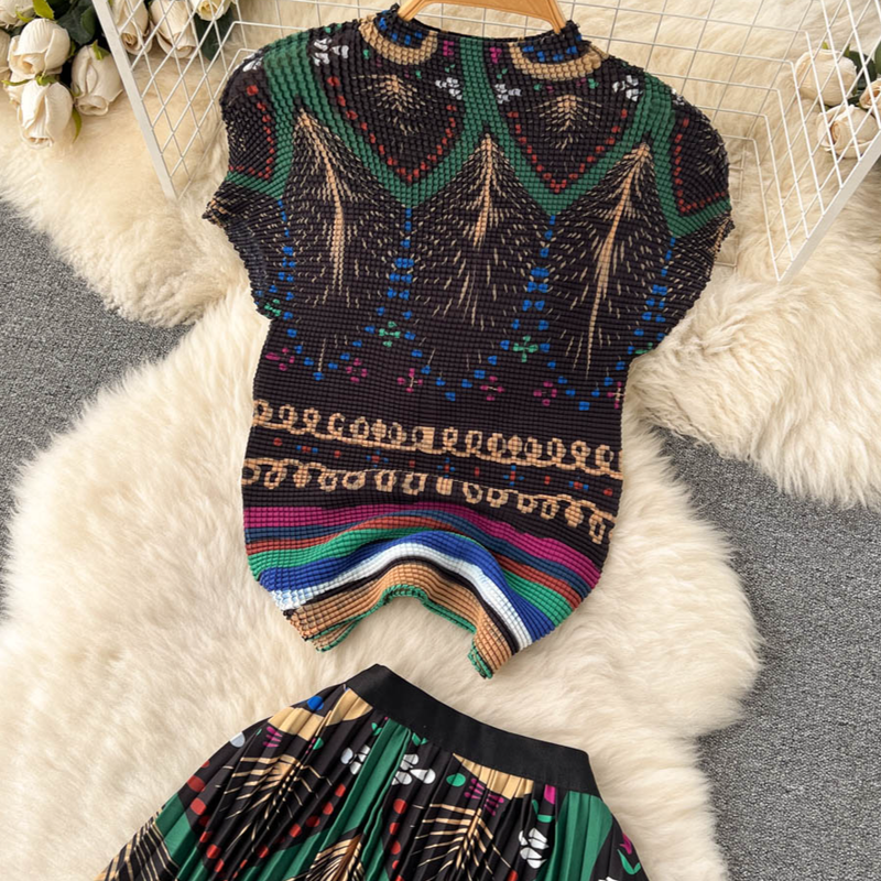 Ensemble deux pièces imprimé pour femme, haut tendance, jupe plissée, style vacances, printemps et été_voghion.com