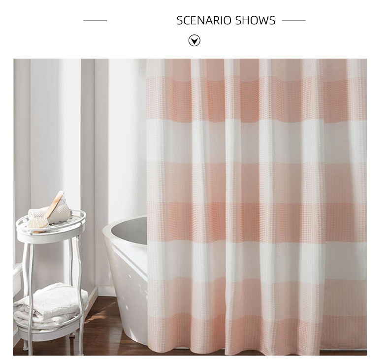Cortina de chuveiro jacquard com estampa waffle e xadrez – forro de poliéster premium resistente à água para banheira (listras/padrões de grade modernos, 11 cores da moda)_voghion.com