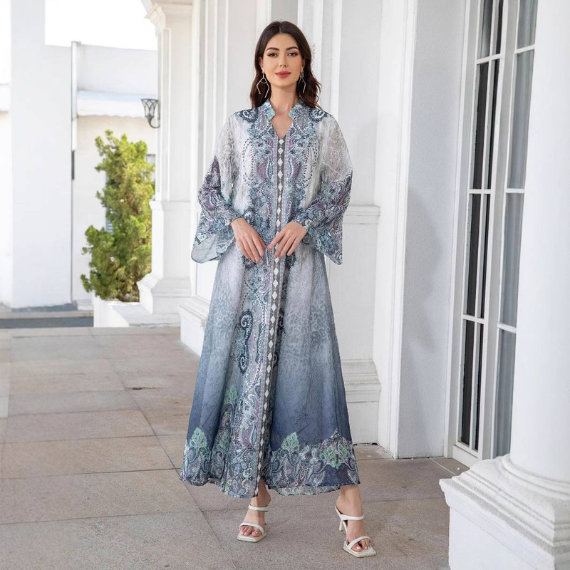 Elegantes besticktes Abaya-Kleid mit Blumendruck und Kristallverzierungen – schlichtes muslimisches Maxikleid mit langen Ärmeln für Damen (Blau, S-XXL)_voghion.com
