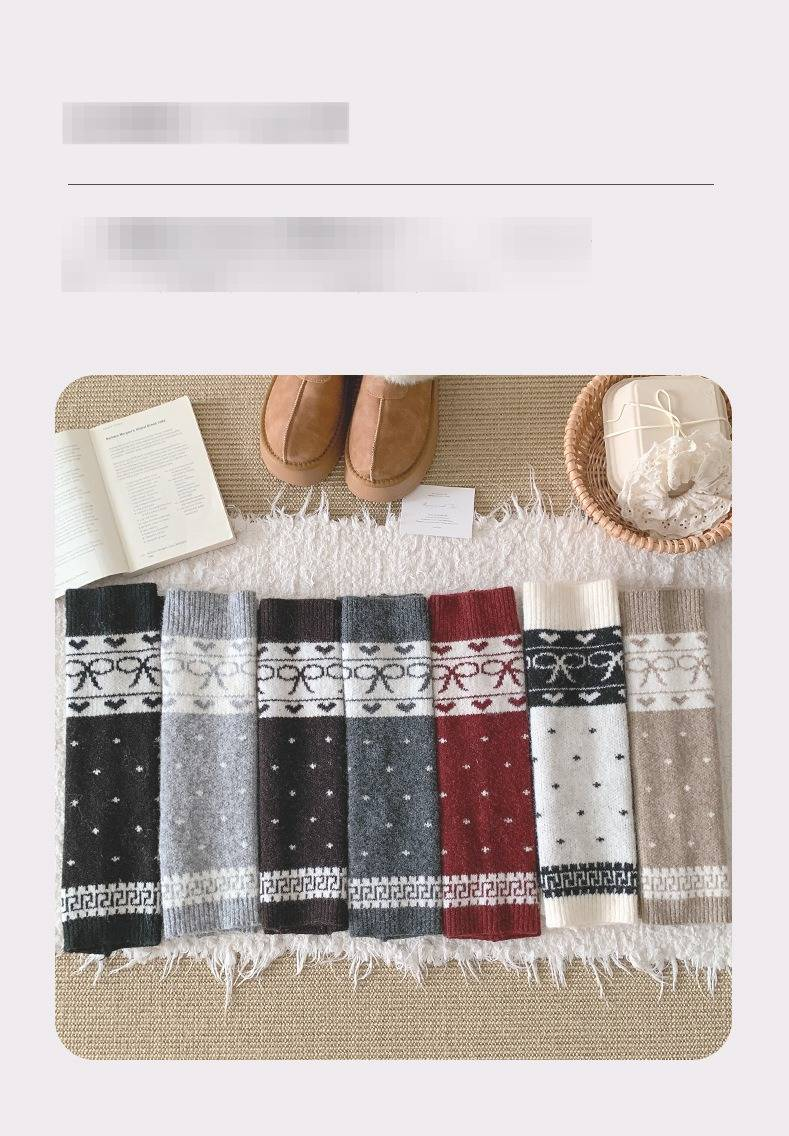 Wollsocken für Damen, Herbst und Winter, warm, verdickt, mit Liebesschleife, Wadenärmel, Maillard-Stil, gestrickte Florsocken_voghion.com