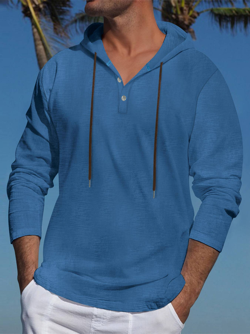 Męska koszulka z kapturem z mieszanki lnu – lekka bluza z długim rękawem i dekoltem w serek, niezbędnik w swobodnym stylu ulicznym (biało-czarno-niebiesko-szary)_voghion.com