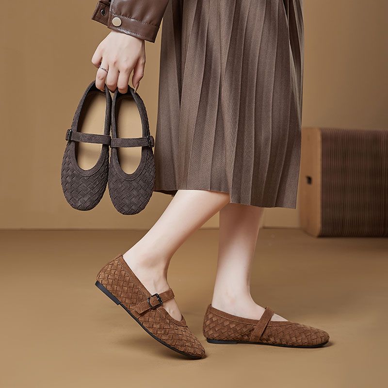 Simple And Versatile Woven Belt Mary Jane Shoes, Round Toe Single Shoes With Woven Texture, Breathable Sheepskin Pad, Comfortable Suede_voghion.com