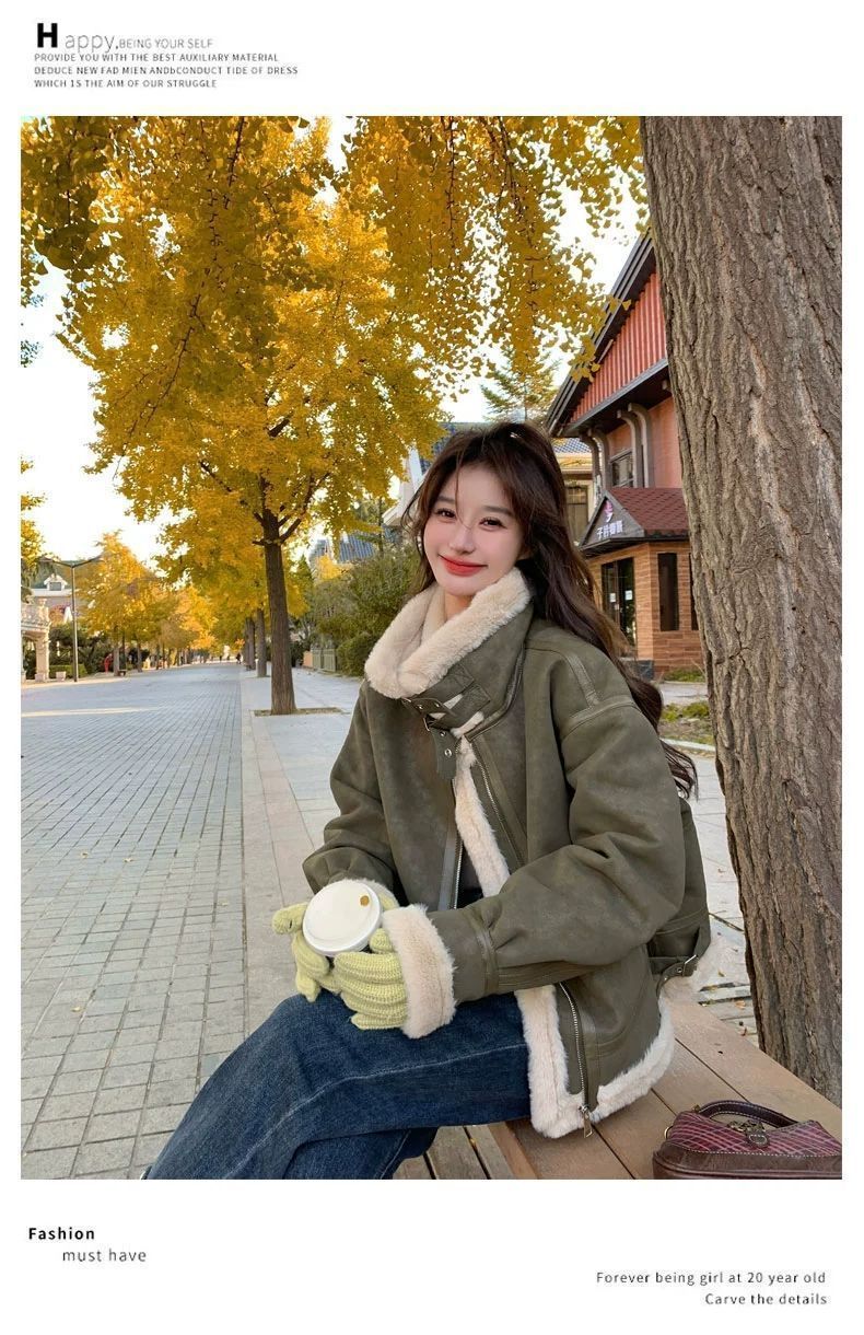 Green Suee Motorcycle Lamb Wool Coat For Women, Autumn Winter 2024, High-En Thickene Stan Collar Sheepskin_voghion.com