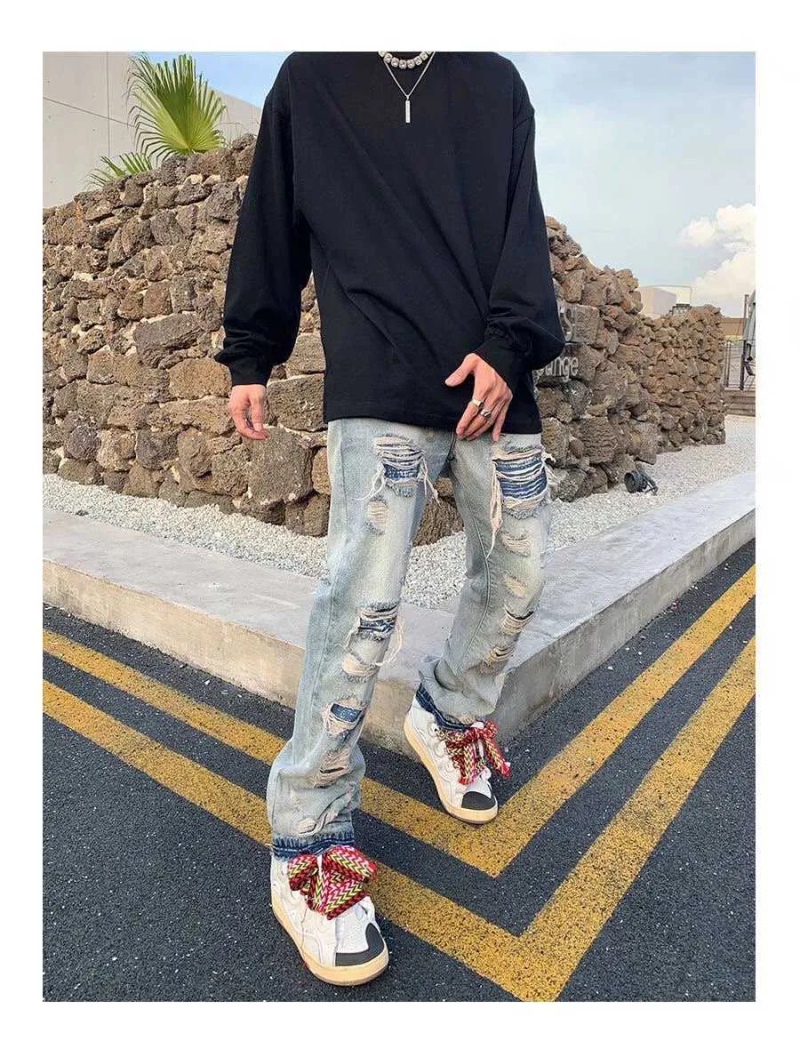 Men's 2022 High Street Hole Ripped Vintage Men Hip Hop Baggy Jeans Trousers Punk Distressed Retro Washed Straight Denim_voghion.com