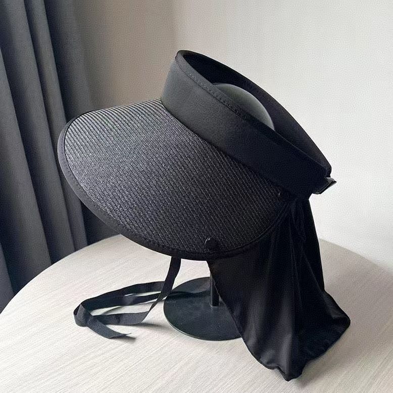 Schwarzes Vinyl für Damen, Nackenschutz für den Sommer, Strohhut, faltbarer Strand-Sonnenhut_voghion.com