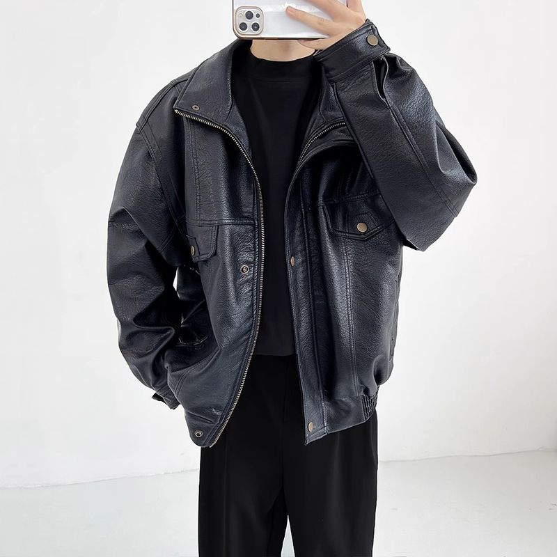 Herren Vintage Bikerjacke - Retro Bomberjacke aus PU-Leder mit geripptem Saum und Reißverschluss (Schwarz, M-3XL)_voghion.com