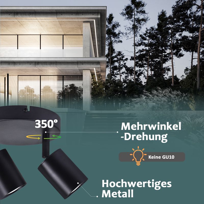 Glitzerlife Deckenleuchte Schwarz Deckenstrahler 2 Flammig - Deckenlampe Deckenspots GU10 330°Schwenkbar Modern Rund Wandstrahler Für Wohnzimmer Schlafzimmer Flur_voghion.com