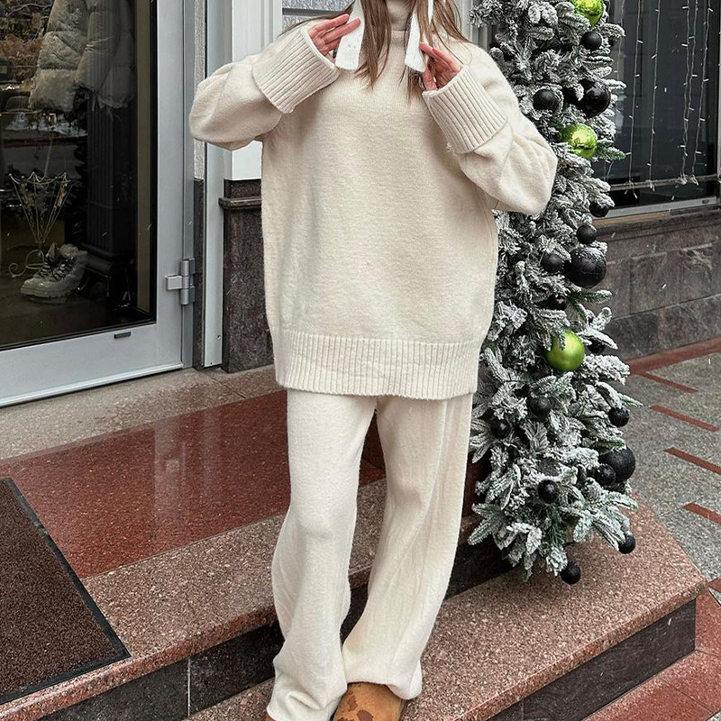 Traje de pantalones de suéter de punto suelto de cintura alta versátil de estilo perezoso para mujer_voghion.com