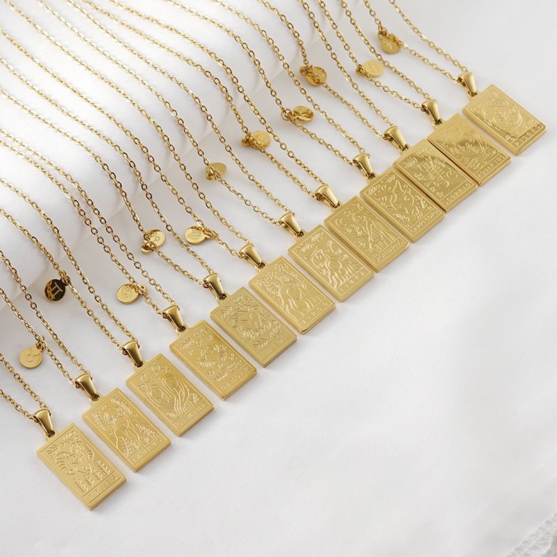 Edelstahl 12 Konstellation Halskette weiblich K Gold Quadrat Zwölf Konstellation Titan Stahl Anhänger Schlüsselbein Kette_voghion.com