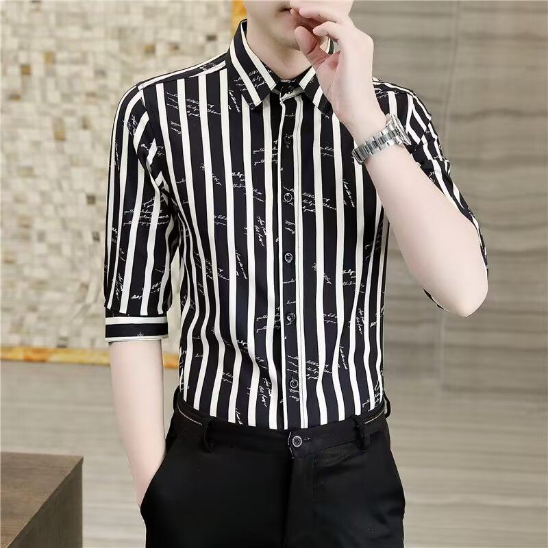 Camicia a fiori a maniche corte 7/4 da uomo in seta di ghiaccio con stampa a righe e picchio estivo alla moda 2024_voghion.com