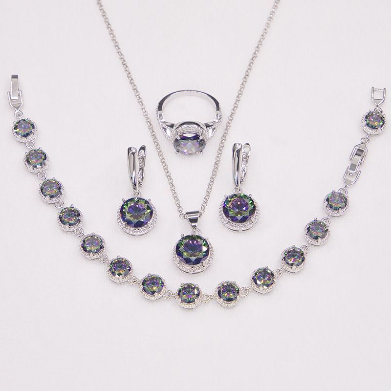 Set di gioielli da donna - Eleganti orecchini a bottone con zirconi rotondi, collana, bracciale e anello in più colori per l'uso quotidiano. Set di collana e orecchini._voghion.com