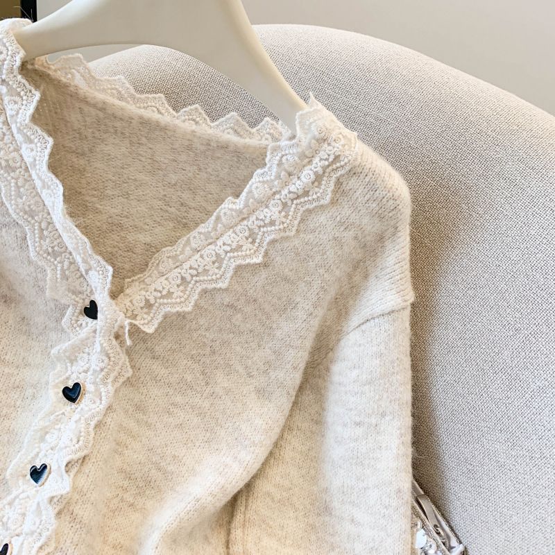 Women's Clothing Lace Stitching Sample Fashionable Elegant Lace Trim V-Neck Long Sleeve Cardigan Sweater For Women - Grey & Beige, One Size Fits All_voghion.com