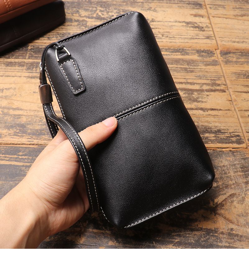 Borsa da uomo in vera pelle, cerniera in morbida pelle, portafoglio lungo, borsa per telefono casual in pelle di vacchetta con strato superiore, fascia alta, resistente all'usura e di grande capacità_voghion.com
