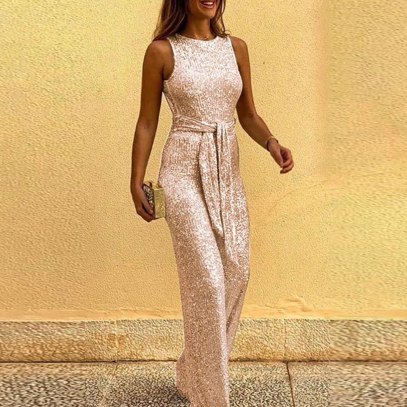 Mono de mujer con cuello redondo, sin mangas, personalizado, con lentejuelas y lunares plateados_voghion.com