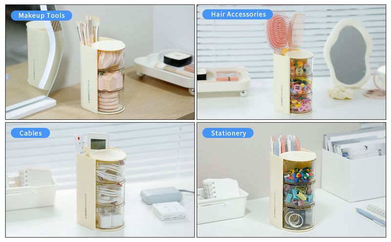 3-lagiger transparenter Haarschmuck-Organizer mit Haarbürstenhalter, drehbare kleine Schmuckschatulle für Haarspangen, Ohrringe, Halsketten, Schreibtisch-Organizer_voghion.com
