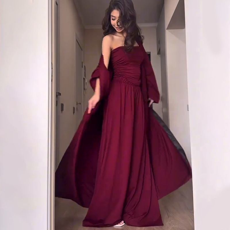 2025 Women's New Solid Color Sleeve Outerwear Tube Top Long Dress Set_voghion.com