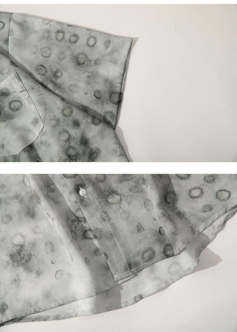 Herrenbekleidung Hemd Kleines frisches Eisseiden-Drapierungs-Dünnblumen-Farbverlaufs-Lässiges Kurzarmhemd_voghion.com