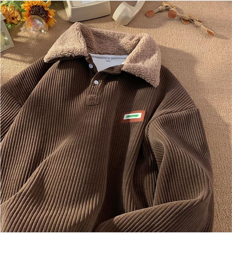 Felpa con collo a polo in velluto a coste da uomo, autunno e giacca in lana di agnello spessa foderata in pile, coppia, inverno, giovani_voghion.com
