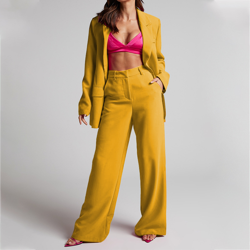 Pantaloni larghi da donna a gamba larga a vita alta a maniche lunghe con risvolto casual, due pezzi_voghion.com
