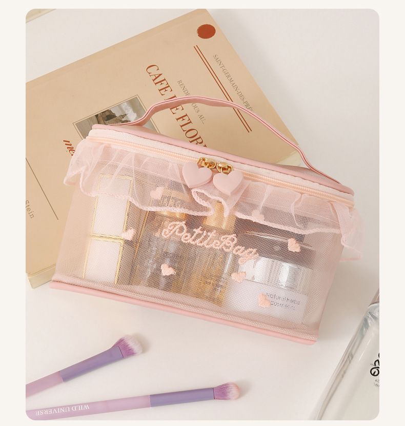 Grazioso set di organizer per cosmetici in PVC – Borsa per il trucco in pizzo rosa Ins-Style (borse da viaggio grandi e piccole, custodia a cubo trasparente)_voghion.com