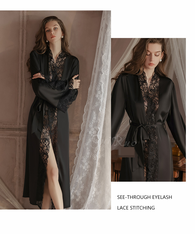 Unterwäsche & Nachtwäsche Sommer große Größe Eis Seide Pyjamas lange Spitze Spleißen Spitze äußere Robe weibliche Hauskleidung Bademantel Set 4378_voghion.com