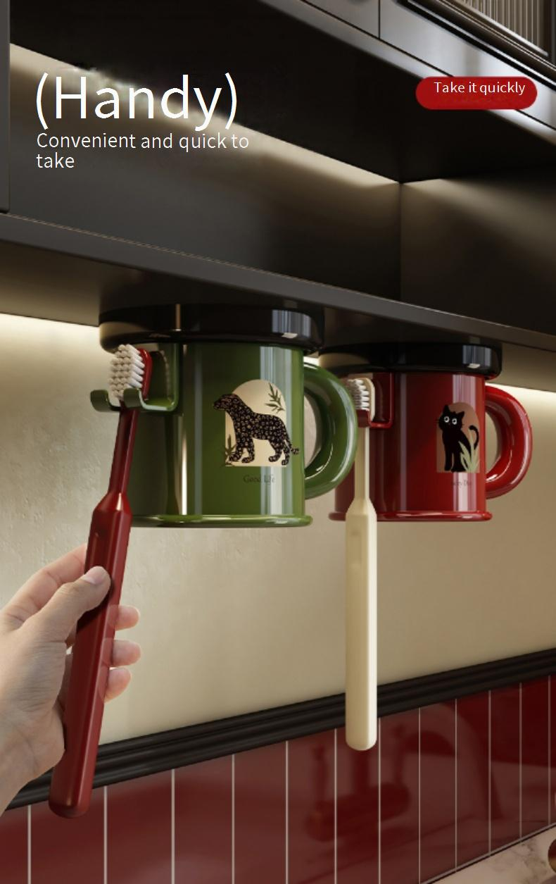 Family Organizer Inverted Magnetic Toothbrush Cup Punch Free Bathroom With Handle Retro Wash Cup Set Device Rack_voghion.com