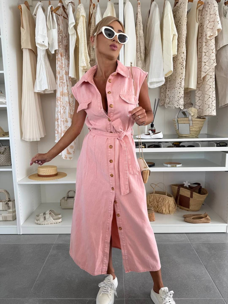 Abito monopetto senza maniche in denim casual di nuova moda da donna_voghion.com