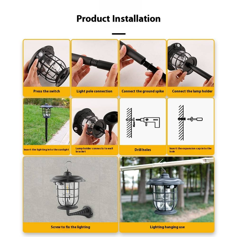 Solar Camping Lantern Outdoor Garden Light With Tungsten Filament LED, Waterproof, Portable & Wall-Mounted, 6-12H Illumination_voghion.com