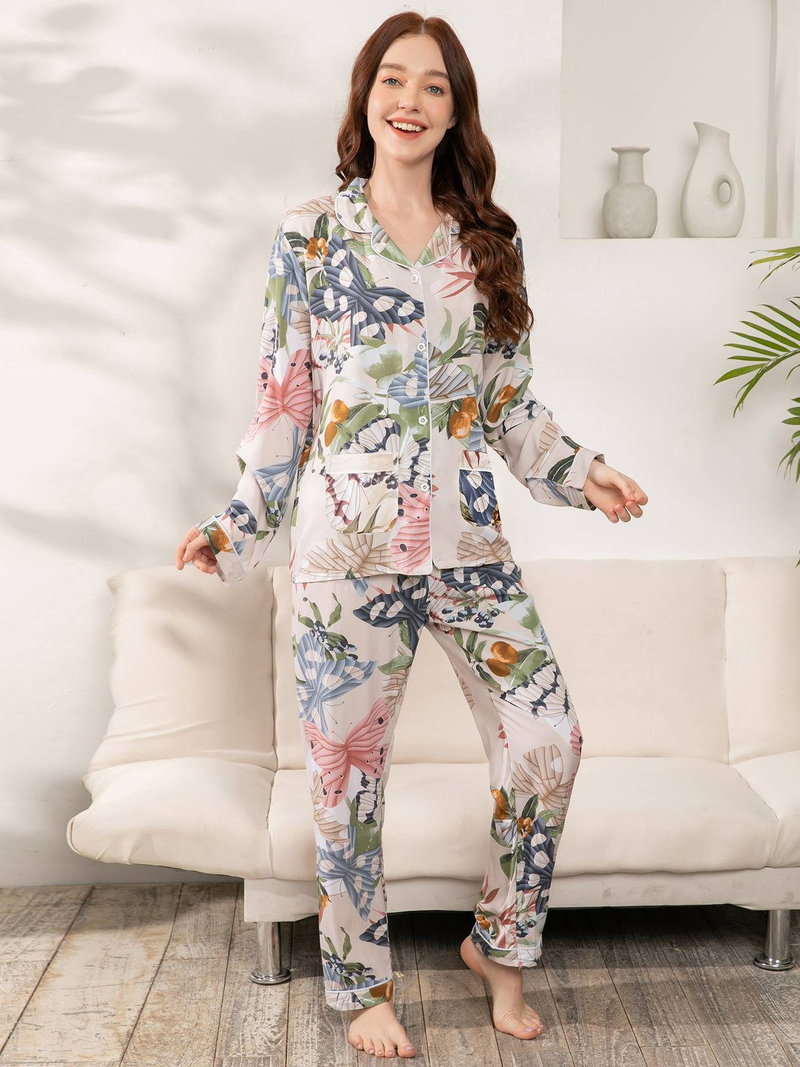 Autumn New 100% Adhesive Long Sleeved Pants Women's Sleepwear Set 3XL Plus Size Long Sleepwear Women's Home Sleepwear_voghion.com