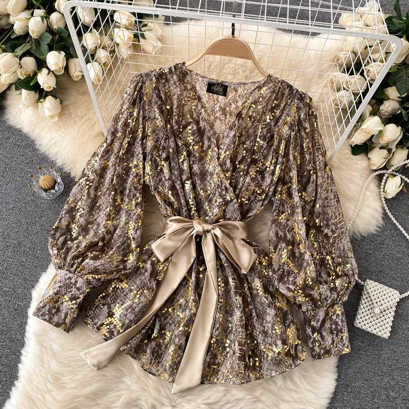 Camicia elegante con scollo a V e vita avvolgente, stampa serpente e maniche a sbuffo, vestibilità slim, stile retrò, da donna (fascia grigia/gialla/nera, taglia unica)_voghion.com