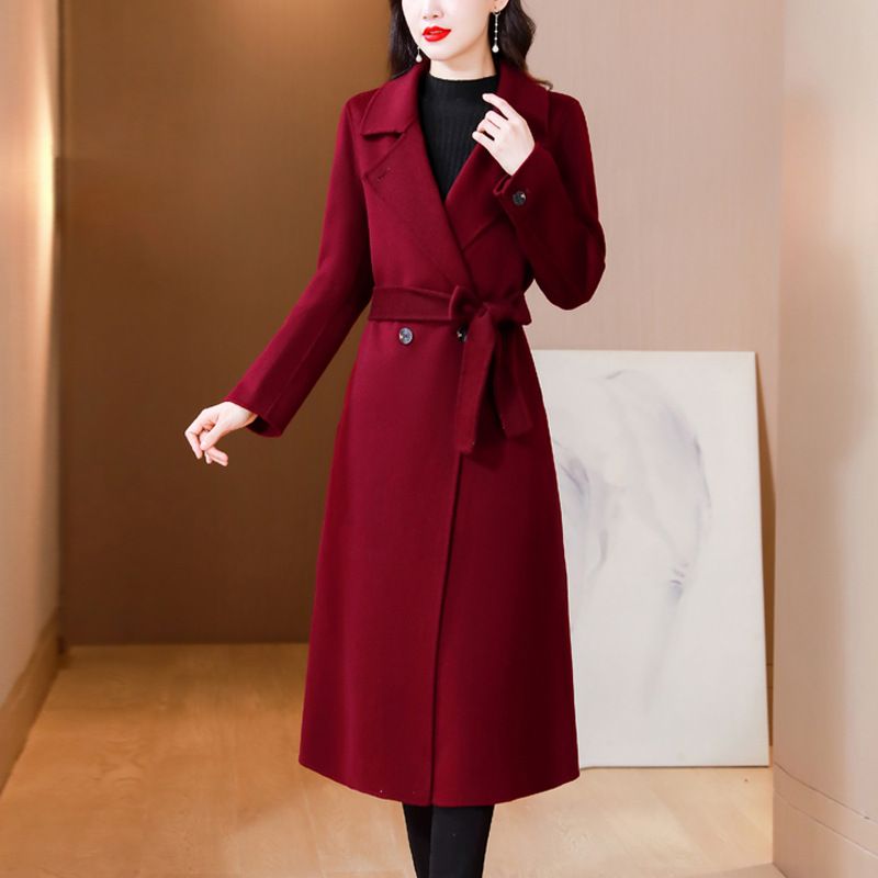 Langer Wollmantel für Damen – Übergroßer Trenchcoat mit Gürtel in der Taille, knielanger Wintermantel im Vintage-Stil_voghion.com