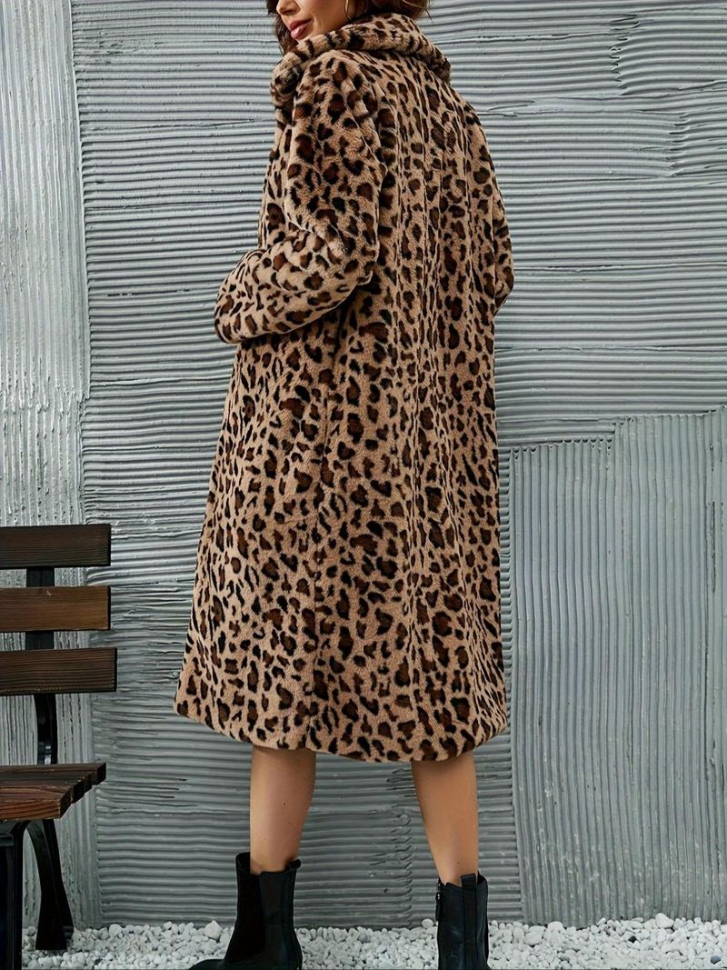 Dammekleeder Moud Casual Quadratkragen Pelzmantel Leopardendruck Plüsch laange Mantel Hierscht a Wanter Tops fir Fraen_voghion.com