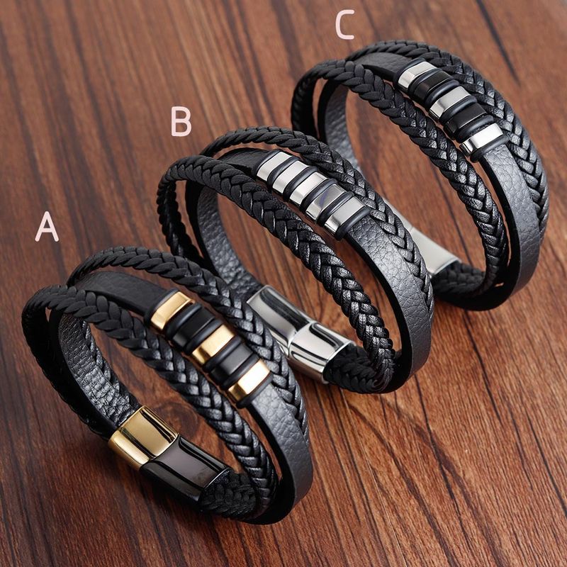 Men's Jewelry Leather Rope Bracelet Stainless Steel Leather Braided Bracelet Genuine Leather Multi Layer Jewelry_voghion.com
