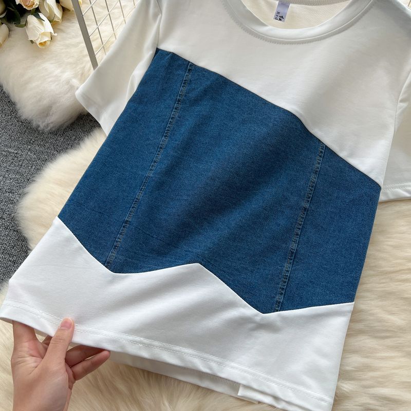 Tuta modellante da donna, stile retrò, versatile, a maniche corte, con colori a contrasto, jeans casual a vita alta._voghion.com