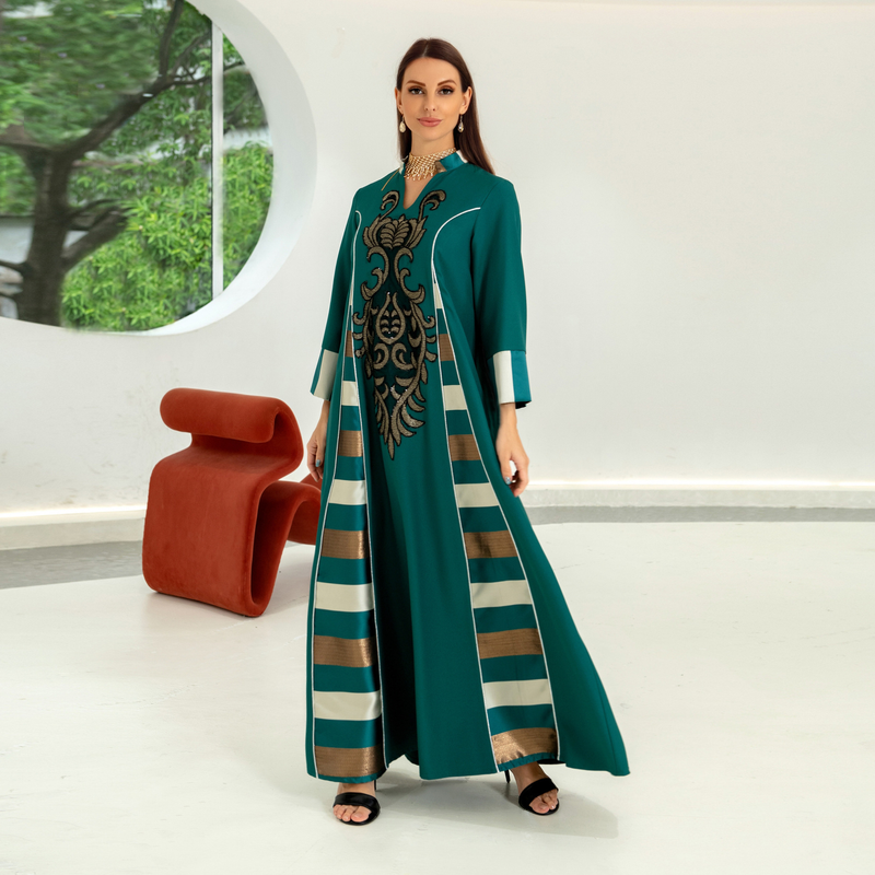Kvinders broderede stribede abaya muslimske muslimske abaya_voghion.com