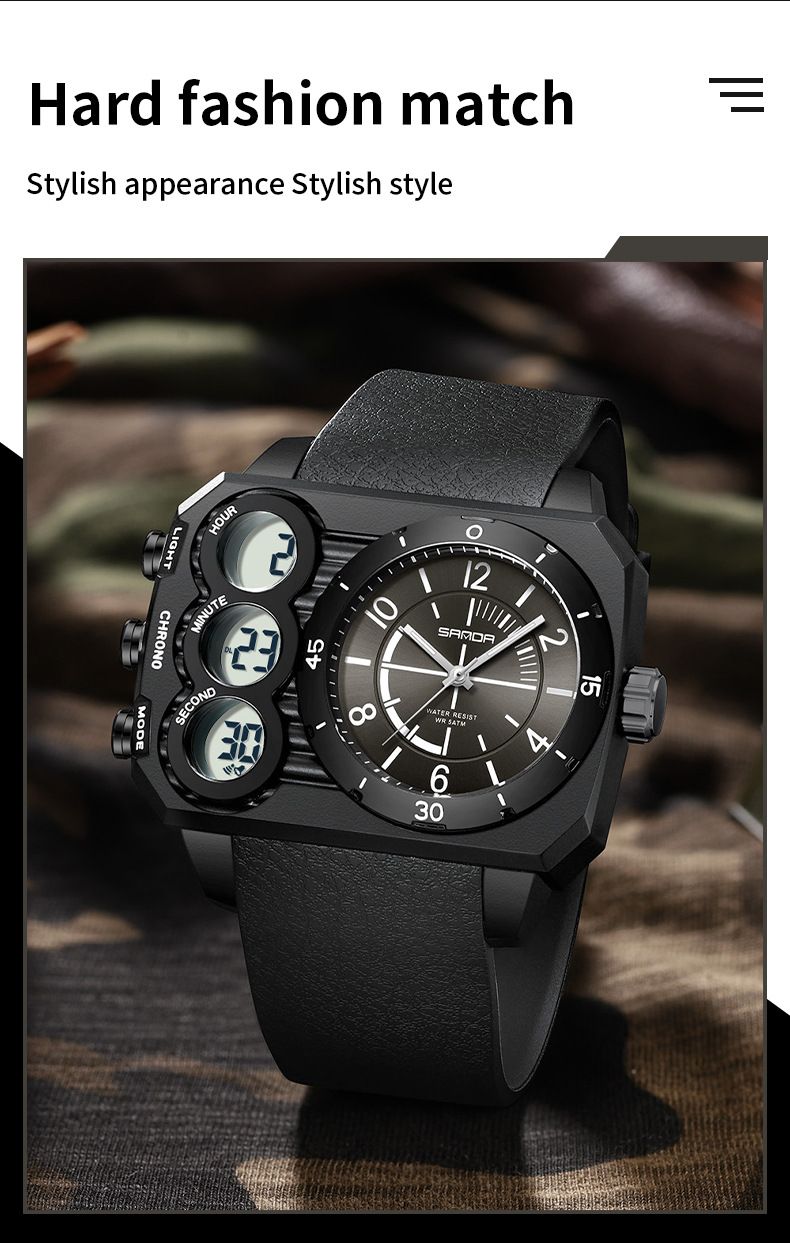 Montre analogique numérique avec rétroéclairage LED, montre de sport étanche, grand cadran carré, chronographe multifonction pour l'extérieur et le quotidien_voghion.com