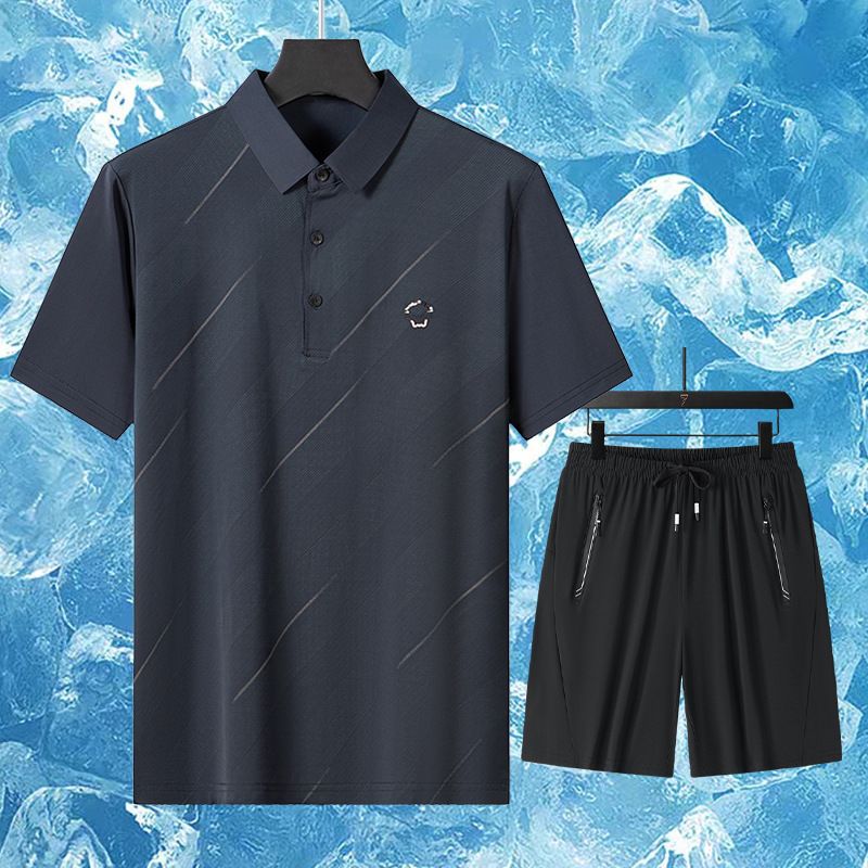 Herren Ice Silk Sports Schnelltrocknende, atmungsaktive Kurzarmhose Sportswear Dad Dreiteiliges Set Lässiges Sommerkleid_voghion.com