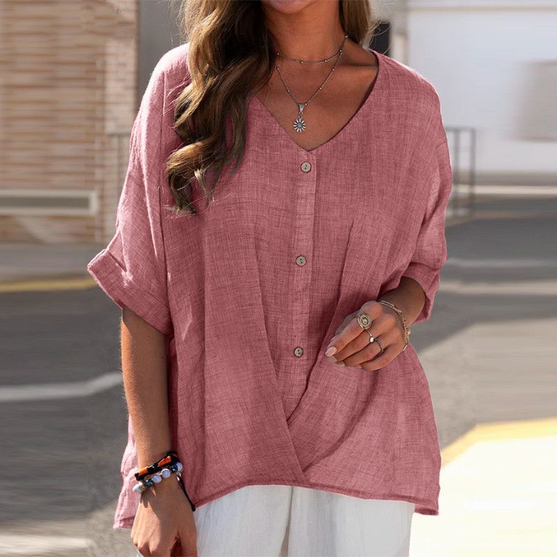 Maglione casual da donna a maniche corte in cotone e lino con scollo a V 2025_voghion.com