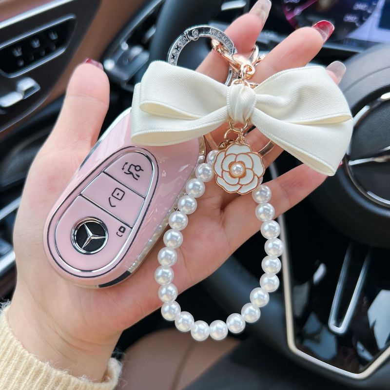 Creative Fashion Bow Camellia Pearl String Car Keychain Women's Bag Pendant Phone Charm_voghion.com