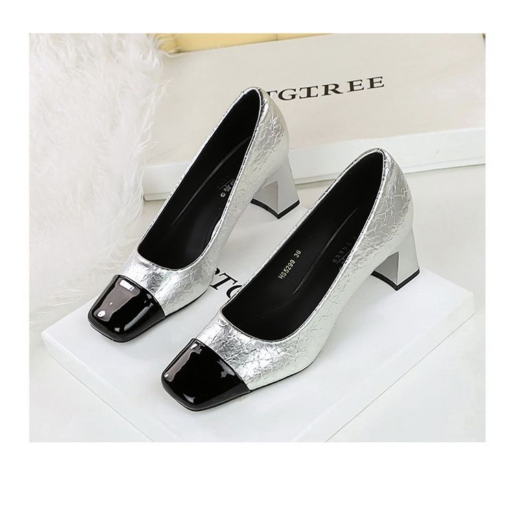 5299 Koreanische Version Bankett Damenschuhe Mary Jane Cracked Splicing Pendeln High Heels Mitteldicker Absatz Square Toe_voghion.com