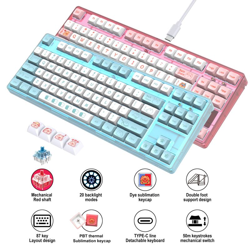 New 87 key wired mechanical sublimated cartoon keycaps, game keyboard, multiple lights_voghion.com