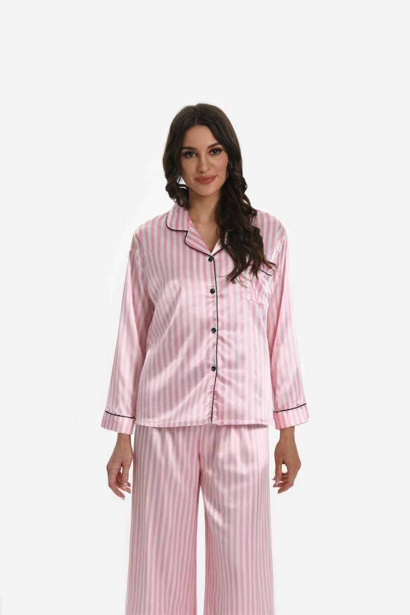 Women's Leopard Print & Pink Striped Viscose Long Sleeve Loungewear Set – Soft Button-Down Top & Long Pants, Comfortable Sleepwear For Home_voghion.com