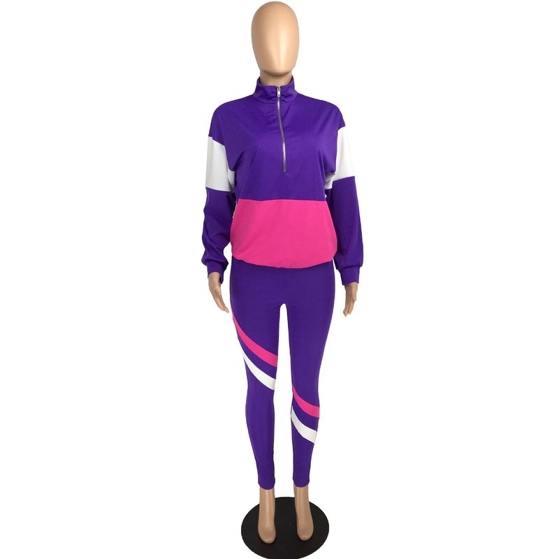 Zweiteiliger Freizeit-Sportanzug für Damen im Farb-Patchwork-Design_voghion.com